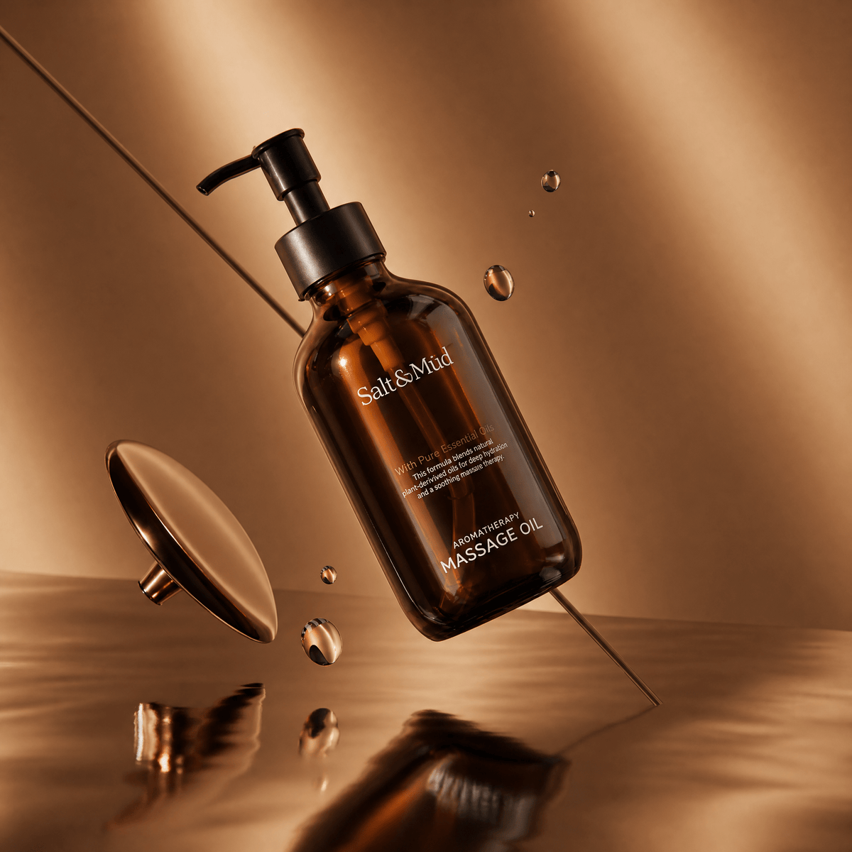 Body oil in an amber glass pump bottle with black dispenser and massage oil label, for How to Use Body Oil.