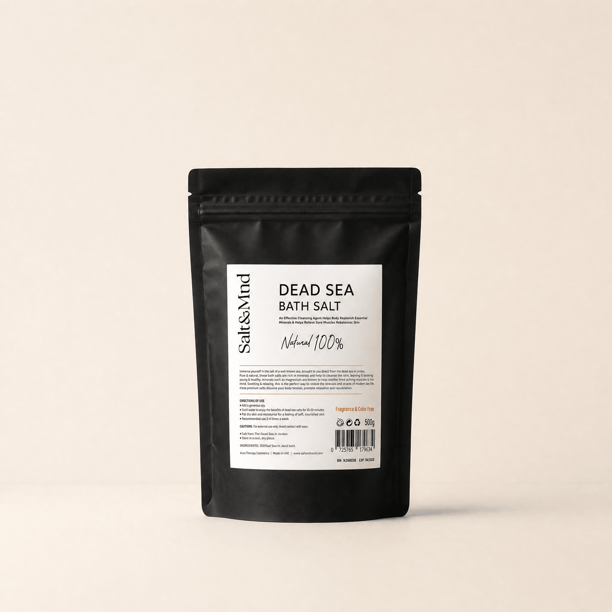 Dead Sea bath salt in a matte black pouch with a white label, featured in The Therapeutic Power of hot baths.