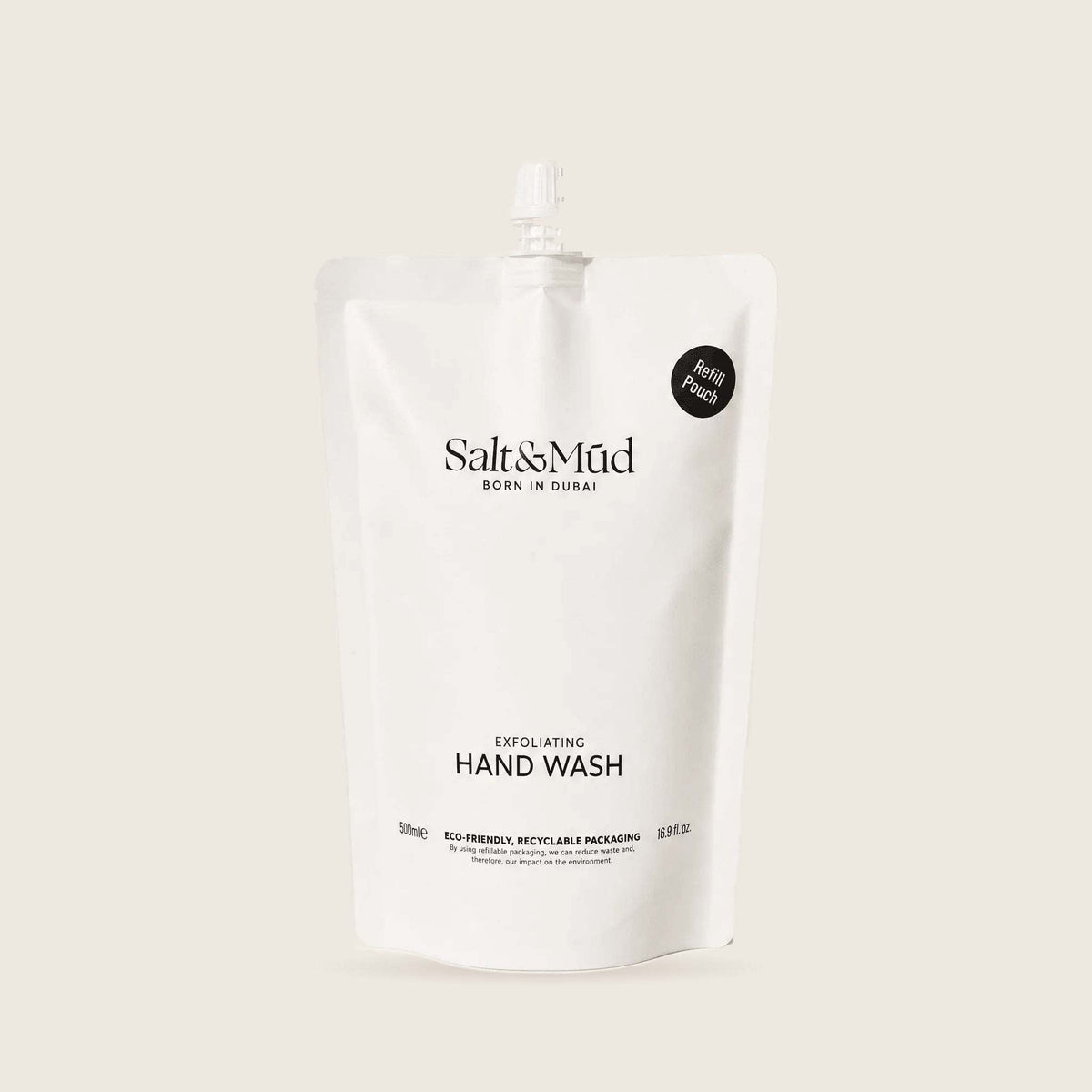 Hand wash refill pouch, white recyclable packaging with a spout, a Sustainable Bathroom Essentials choice for daily cleansing.