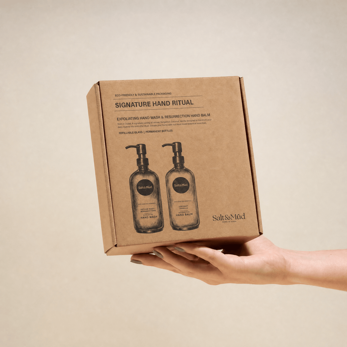 Salt & Mud Signature range in refillable glass — hand wash and hand balm