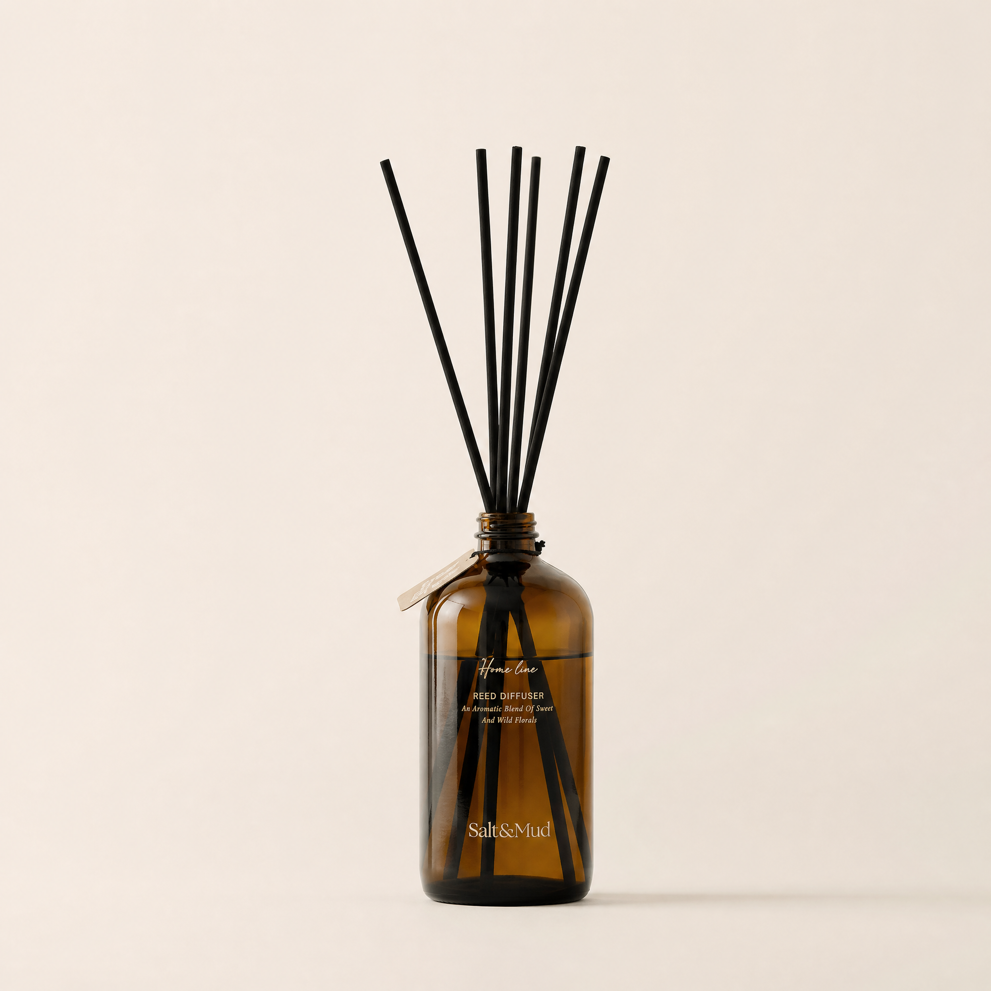 Brown diffuser bottle with black sticks on a beige background