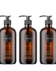 Three bottles of Salt & Mud hand wash on a white background