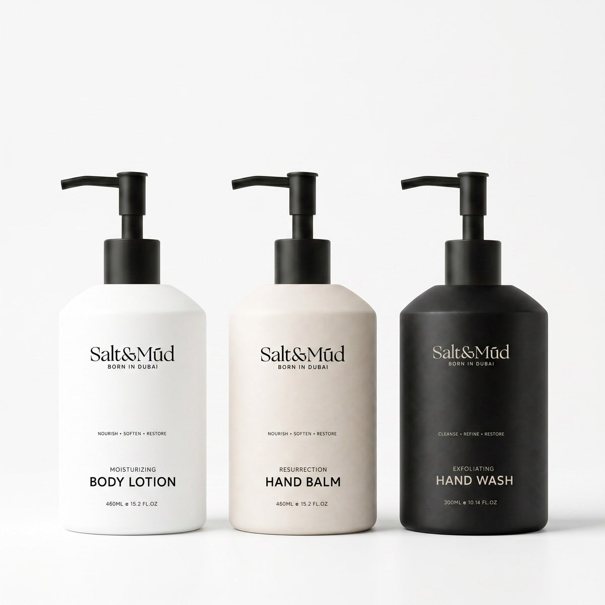 Salt & Mūd resin bottles: body lotion, hand balm and hand wash